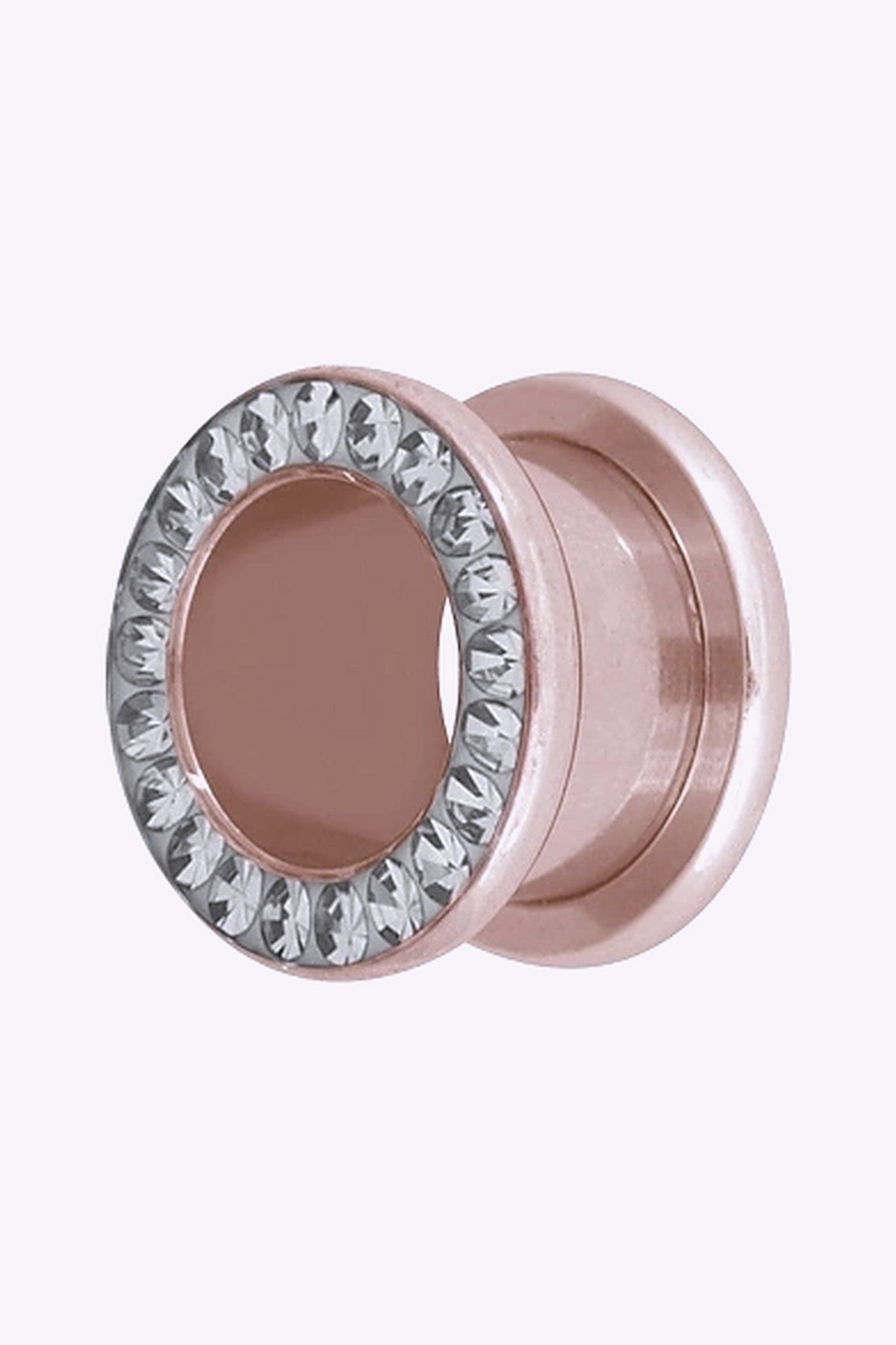 Fleshtunnel Stora 12 16 Mm Stal Roseguld Med Vita Kristaller