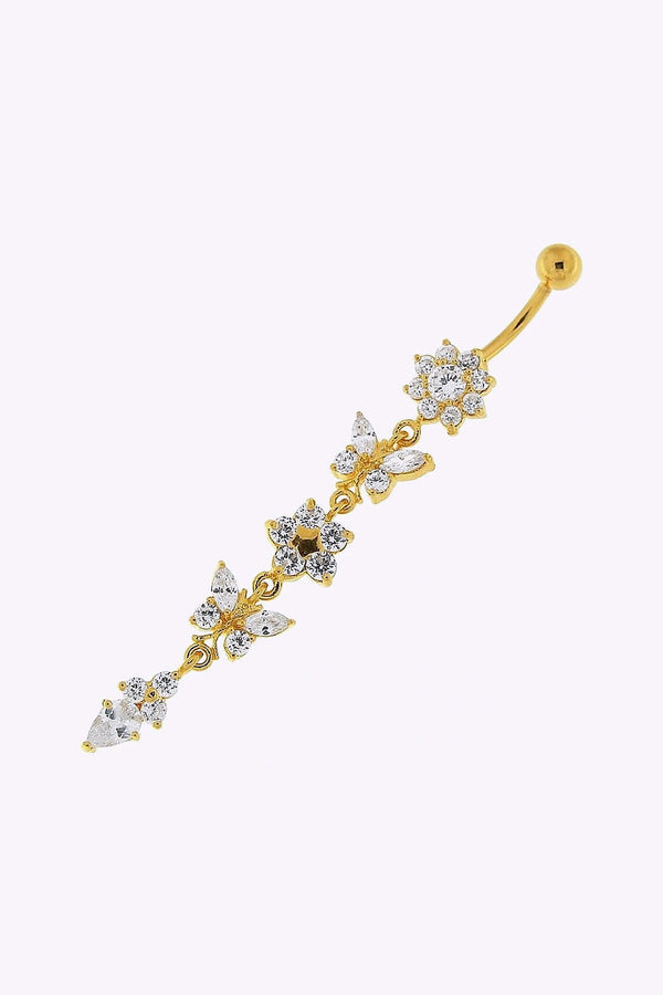 Navelpiercing Fjarilar Och Blommor Med Kristaller Guld Pvd