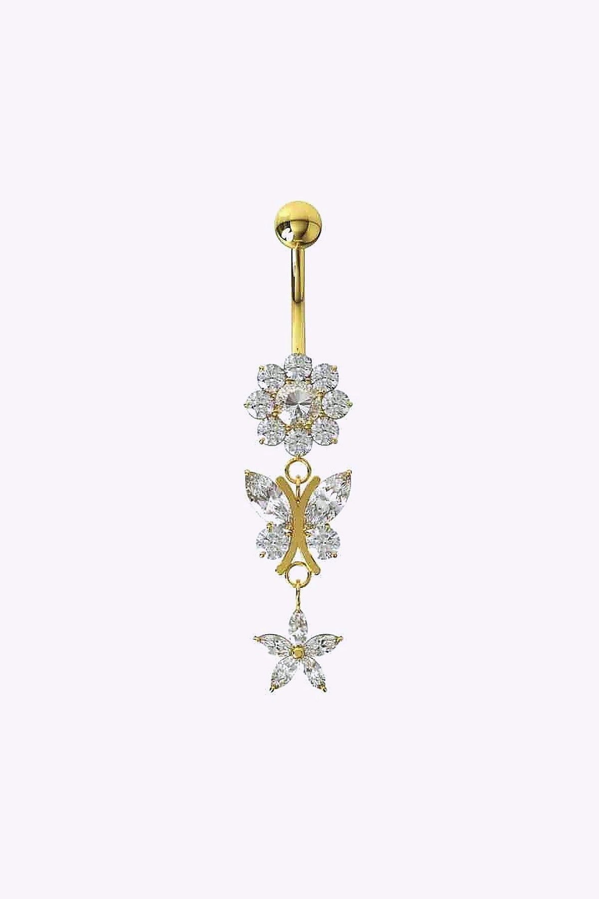 Navelpiercing Glittrig Fjaril Och Blomma Guld
