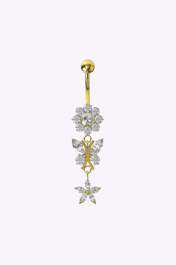 Navelpiercing Glittrig Fjaril Och Blomma Guld